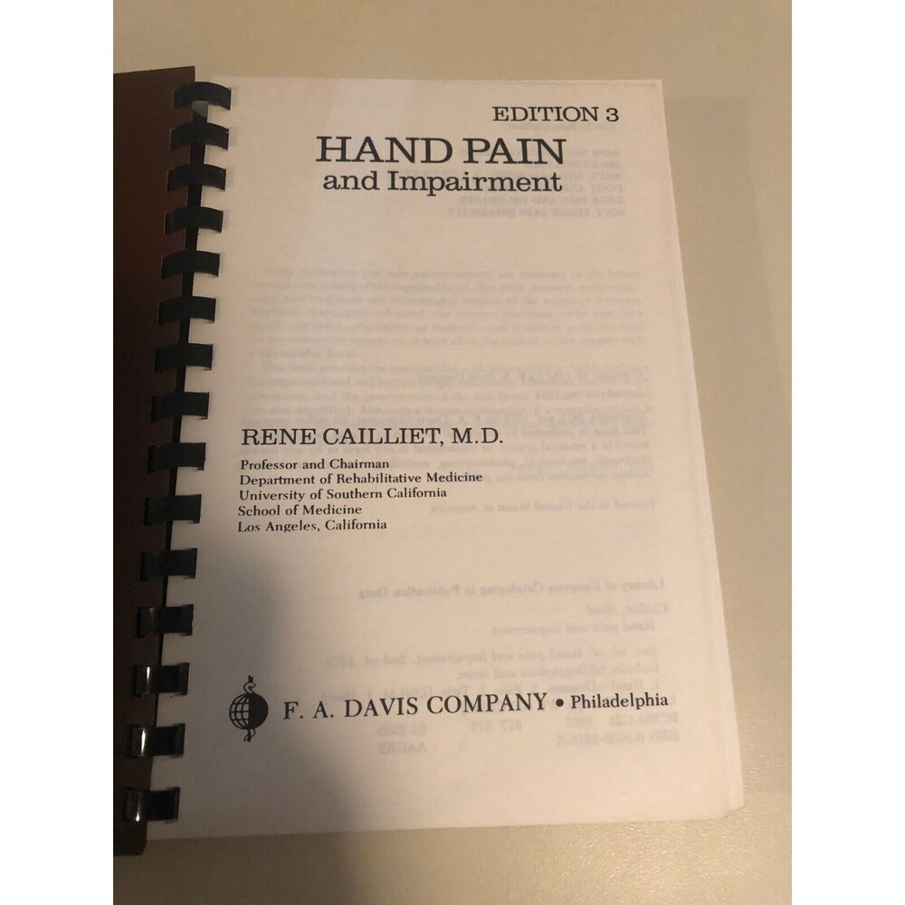 Hand Pain and Impairment Edition 3 REne Cailliet‎ MD Spiral Bound 1982